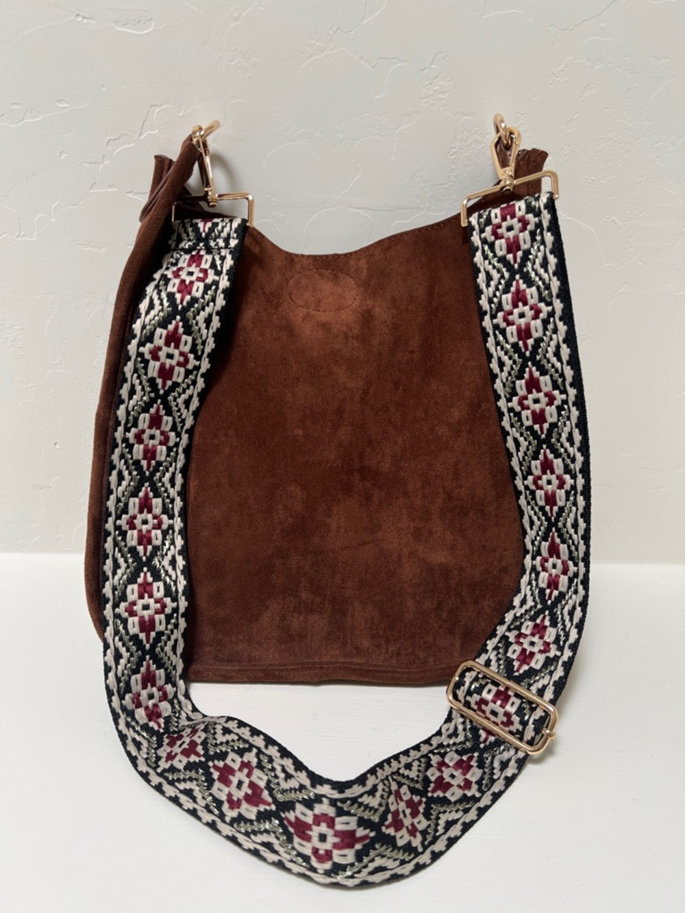 Vegan Suede Hobo Bag with Patterned Strap - Brown